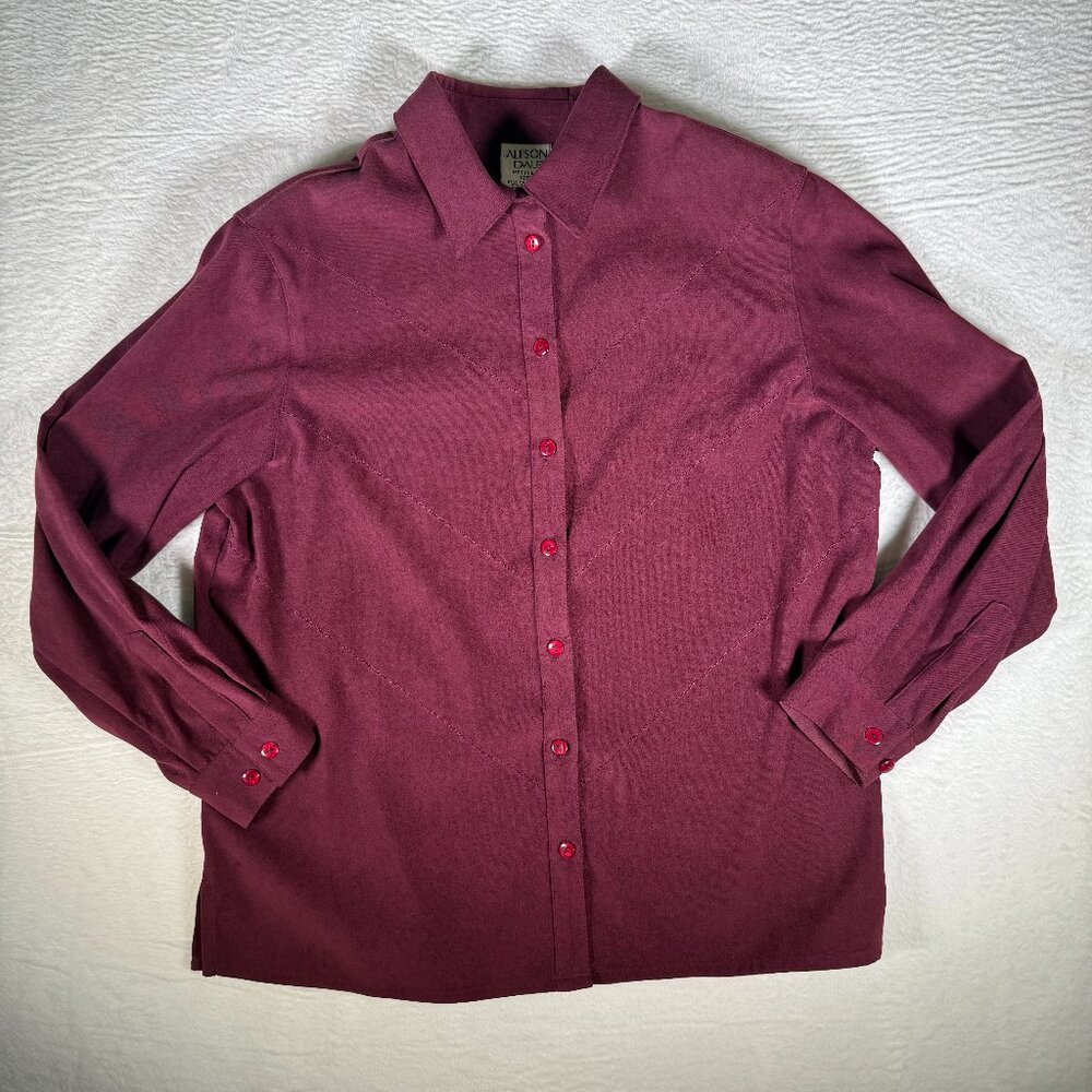 Allison Daley Maroon Collar Button‎ Down with Shoulder Pads Vintage 12 Petite